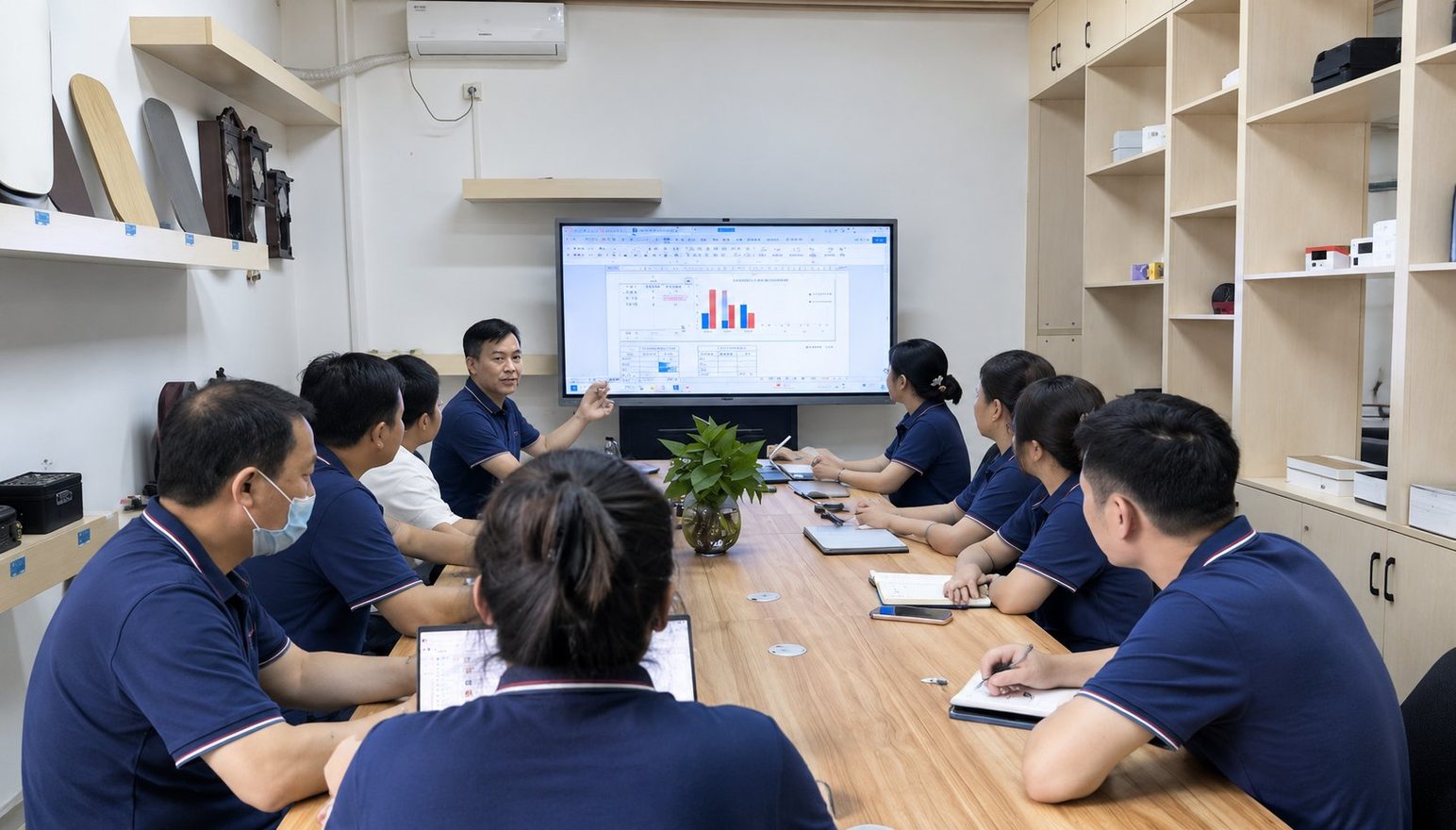 Engineer reviewing product manufacturing drawings in a factory
